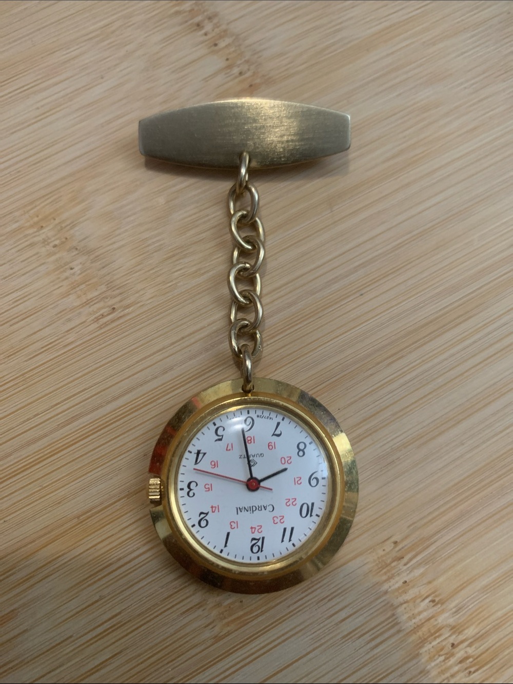 Vintage Cardinal Quartz Gold Nurse Fob Watch with White Dial